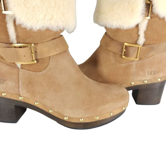UGG Women's Brea US 9 Suede Chestnut Studded Fur Shearling Clog Boots - Picture 10 of 13